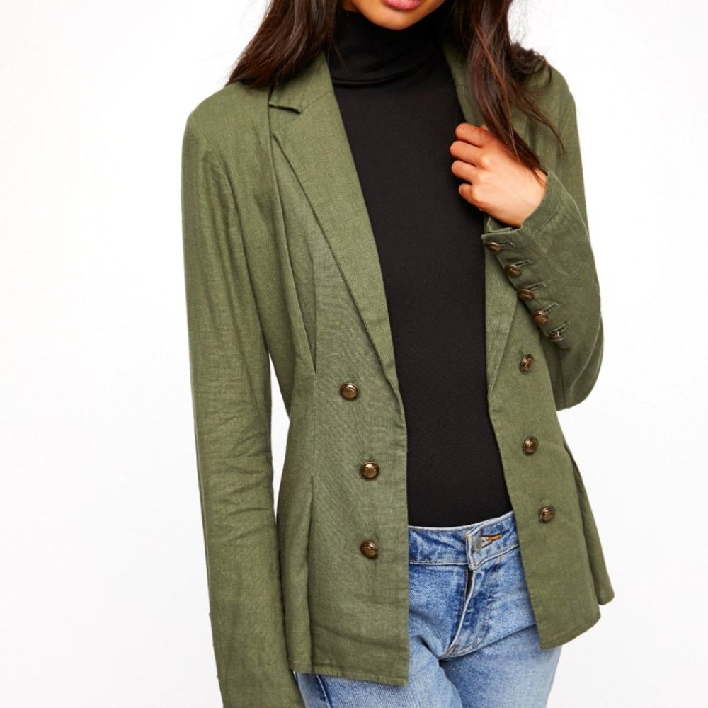 Free People - Olive Double-Breasted Linen Blazer Jacket Sz Med.